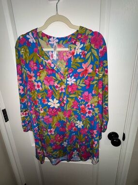 Dear Scarlett Lizzy Floral Tunic Top XL Blue Pink Boho 3/4 Roll-Tab Sleeve